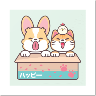 Cute Corgi and Cat in Apple Box Posters and Art